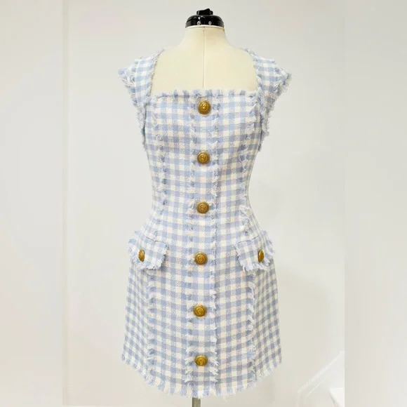 BALMAIN Blue & White Frayed gingham cotton-blend tweed Mini Dress FR36